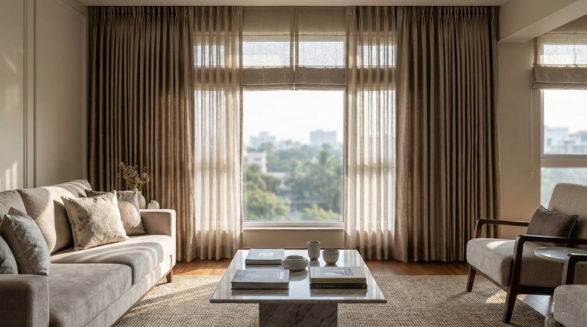 Living room with custom curtains by Urban Decor Curtains in Bangalore