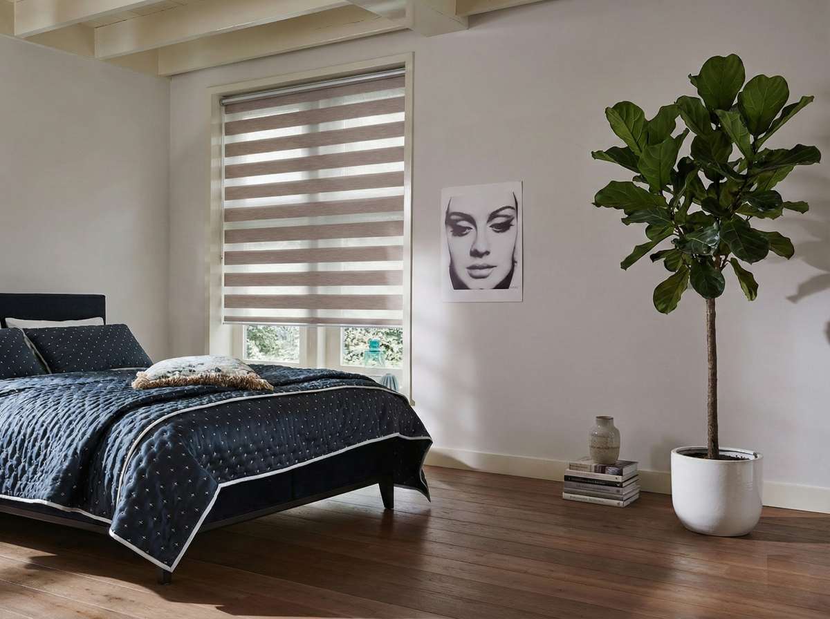 Day and night blinds offering flexible light control in a Bangalore bedroom