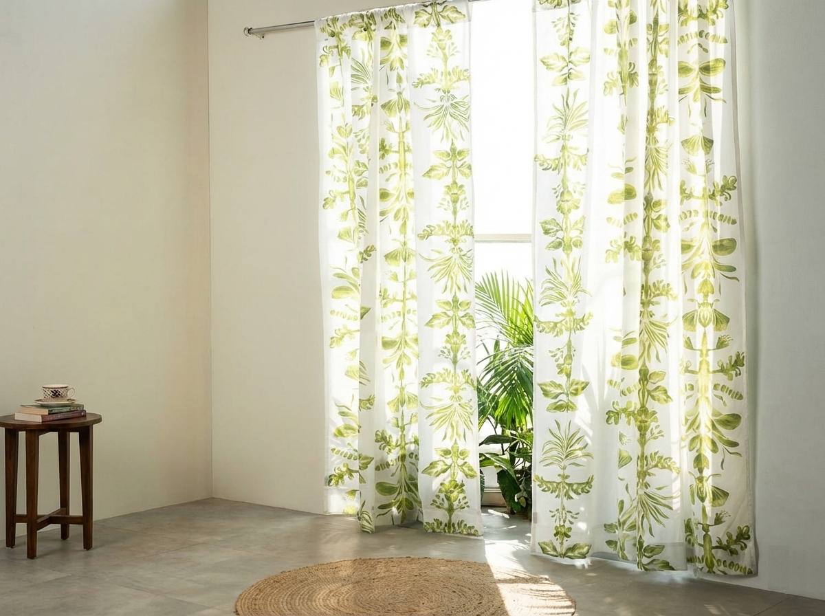 Luxury patterned sheer curtains filtering natural light in a bedroom