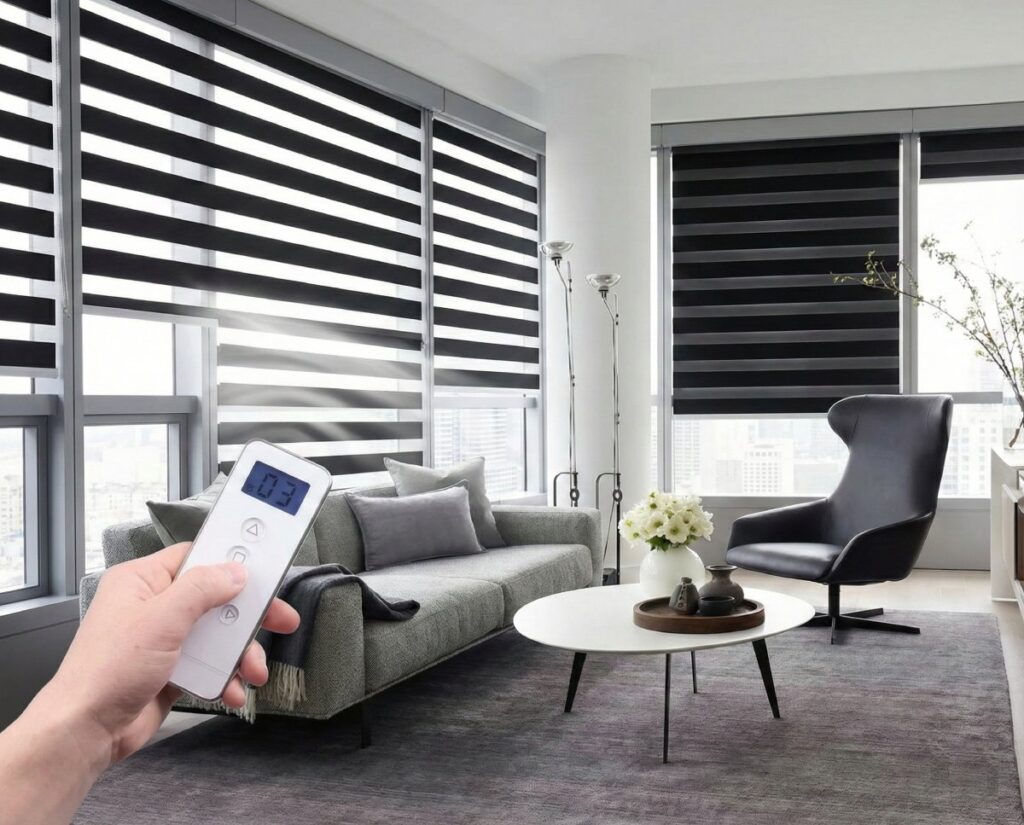 Motorized window blinds with smart home control in a contemporary Bangalore living room