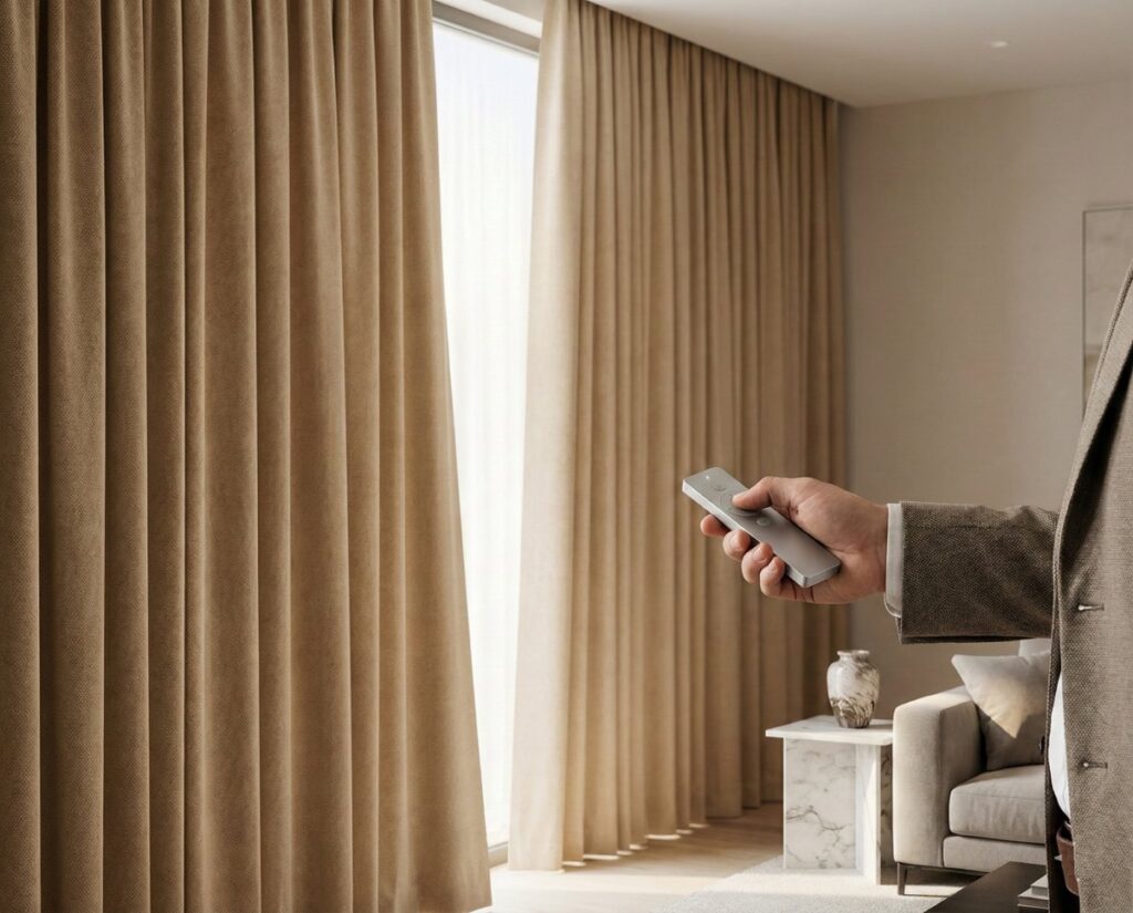 Motorized curtains installed in a modern Bangalore home with smart home integration
