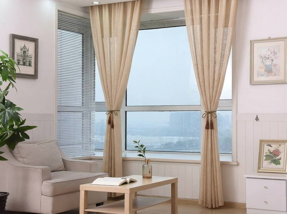 Solid sheer curtains softly filtering daylight in a modern Bangalore living room