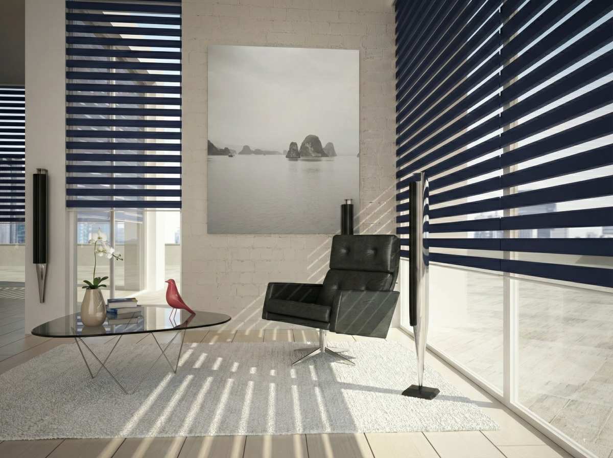 Day and night blinds providing privacy and daylight balance in a bedroom