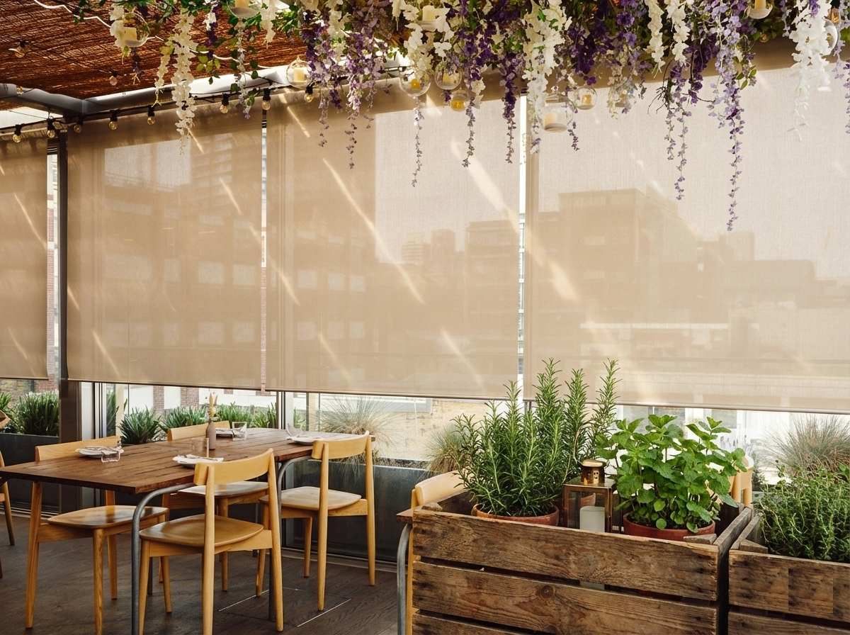 Roller blinds providing effective light control in a living room