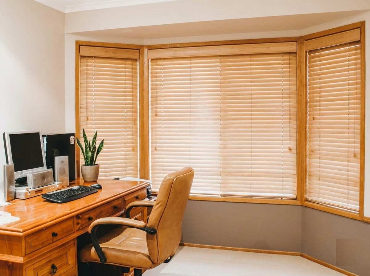Wooden blinds providing light control in a living room