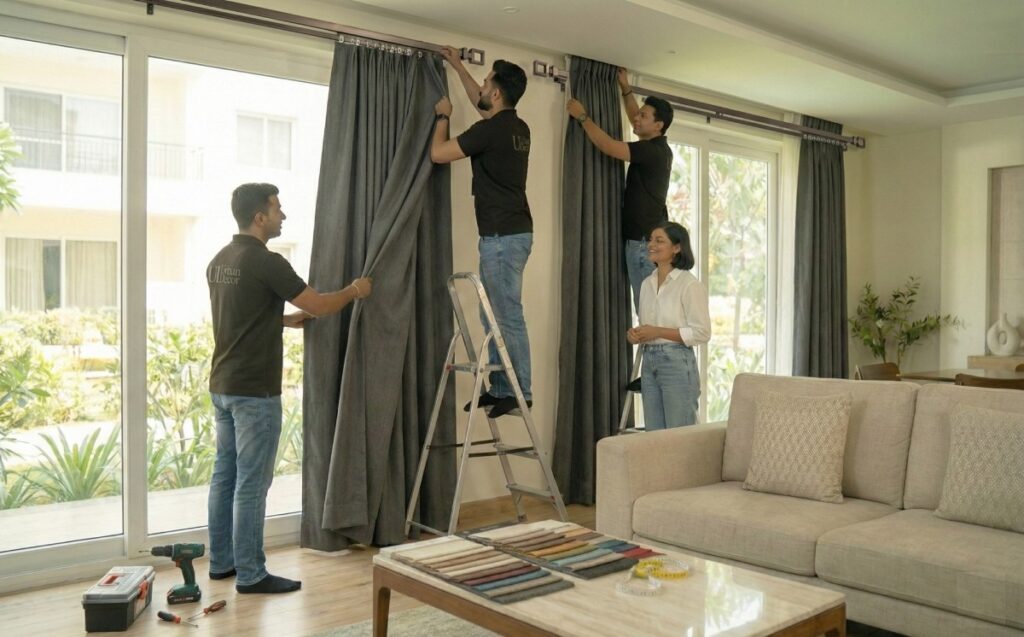 Professional curtain installation in Bangalore home with rod and track fitting