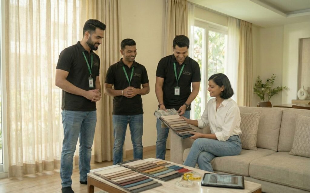 Custom curtains consultation in Bangalore showing fabric selection and design guidance