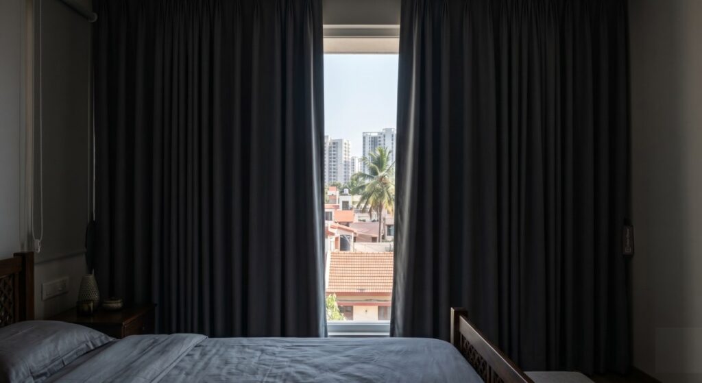 Blackout Curtains in Bangalore: Best Bedroom Designs & Heat Blocking Solutions Blackout curtains in Bangalore bedroom blocking sunlight