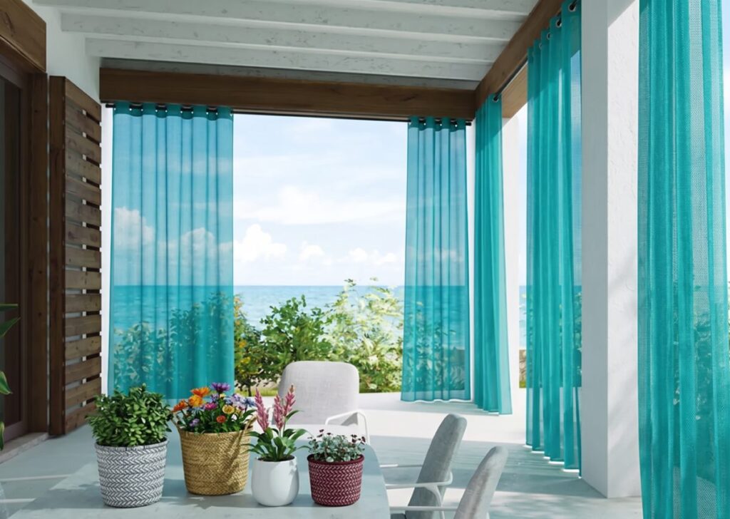 Layered sheer and blackout balcony curtains in Bangalore apartment