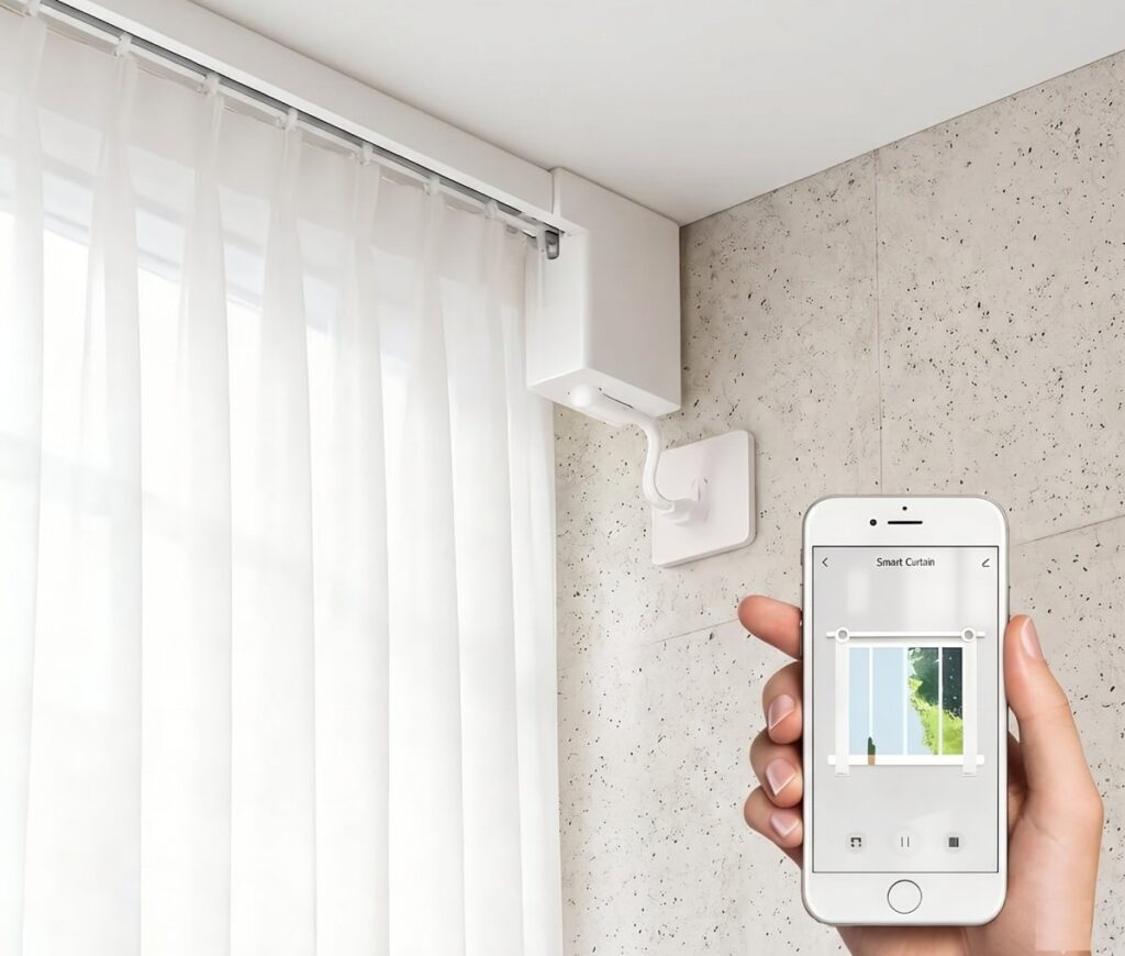 Motorized curtain track installation in Bangalore living room