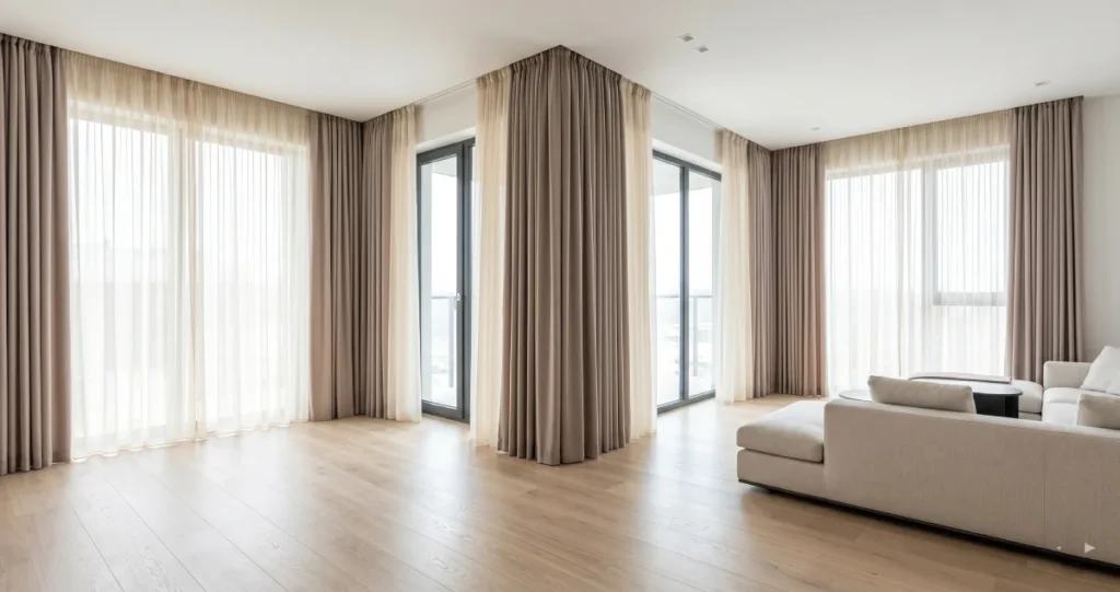 Best Curtain Colours for Bangalore Homes: A Room-by-Room Design Guide Neutral curtain colours used in modern apartment interiors