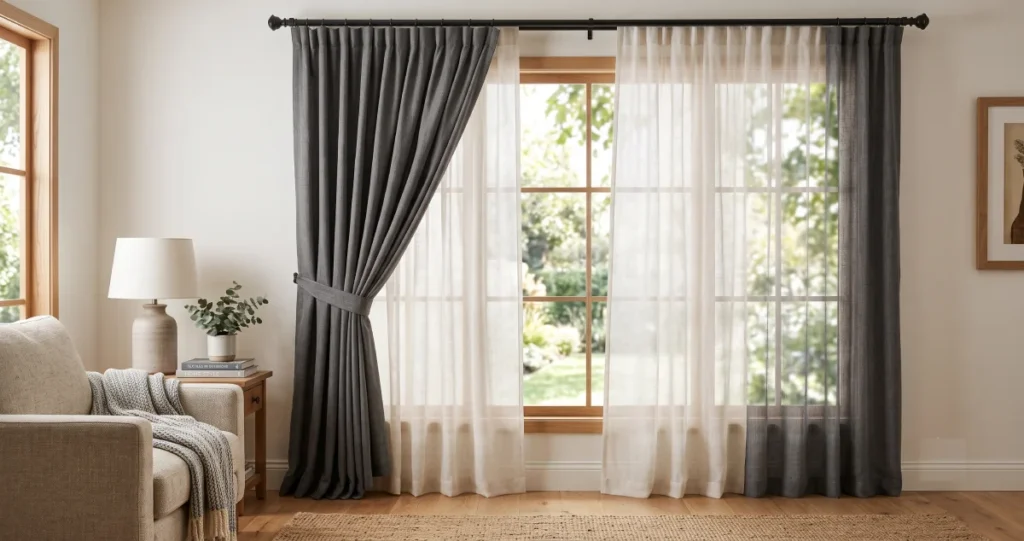 How to Choose Curtain Fabric: A Complete Guide for Every Room in Your Home Layered blackout and sheer curtain fabrics in a modern home