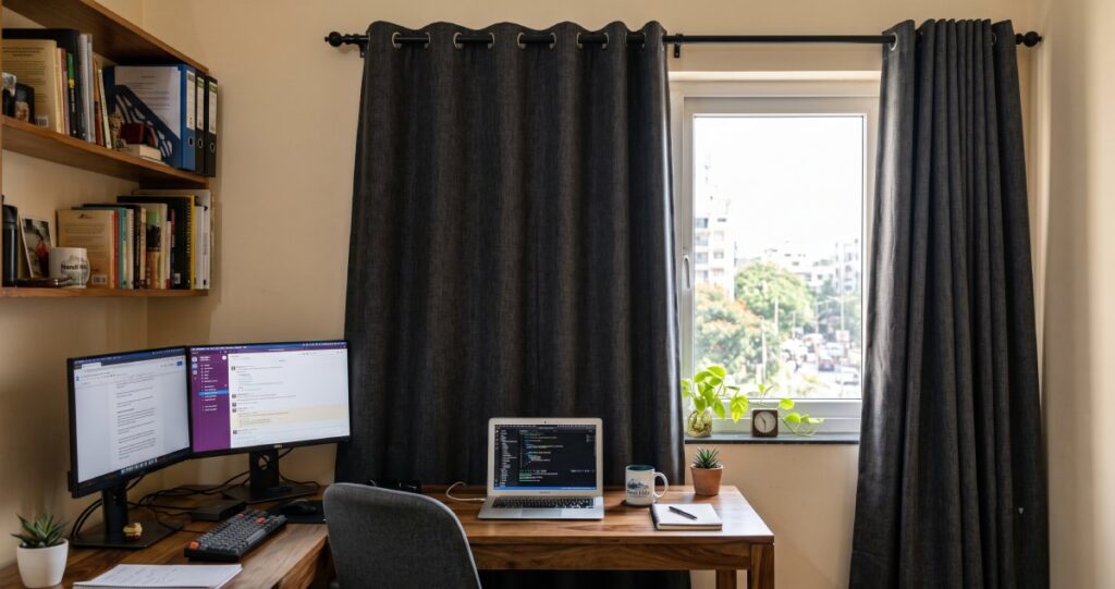 Curtains for Home Office in Bangalore: Best Designs for Productivity, Privacy & Comfort Blackout curtains reducing glare in a home office