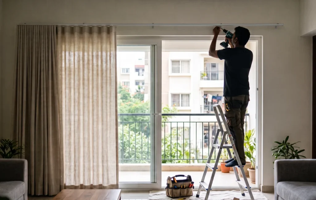 Sliding Door Curtains in Bangalore: Best Designs, Fabrics & Installation Guide Ceiling-mounted curtain track for sliding glass doors