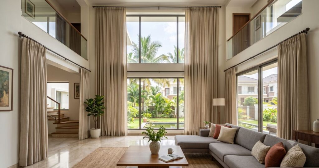 Double-height living room with custom floor-to-ceiling curtains in a luxury villa