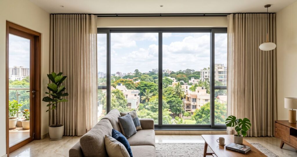 Custom wave curtains installed on large floor-to-ceiling windows in Bangalore