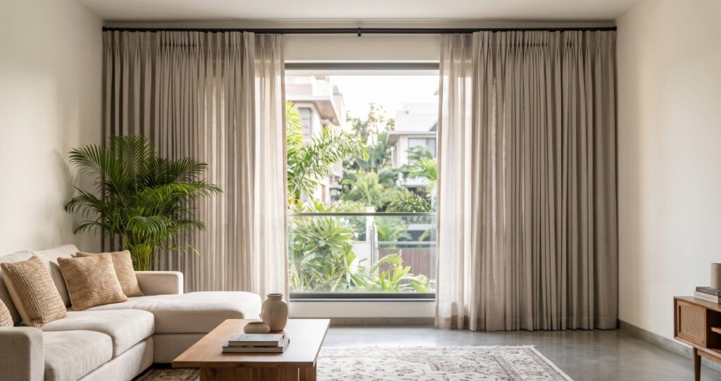 Pinch Pleat Curtains in Bangalore: Elegant Designs, Benefits & Buying Guide Linen pinch pleat curtains in contemporary living room