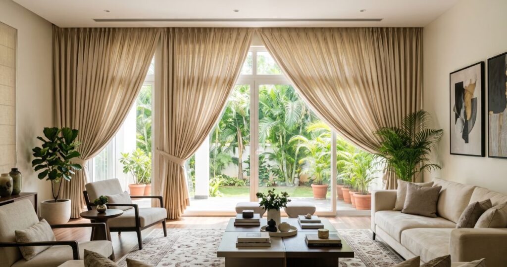 Curtains for Villas in Bangalore: Luxury Custom Designs, Premium Fabrics & Professional Installation Luxury living room in a Bangalore villa with custom floor-to-ceiling curtains