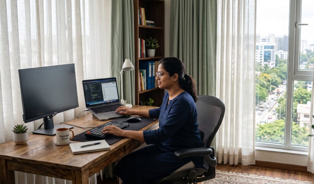 Curtains for Home Office in Bangalore: Best Designs for Productivity, Privacy & Comfort Modern home office with custom curtains and natural lighting