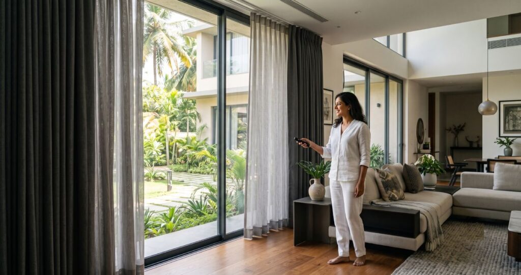 Curtains for Villas in Bangalore: Luxury Custom Designs, Premium Fabrics & Professional Installation Motorised curtains installed in a modern luxury villa in Bangalore