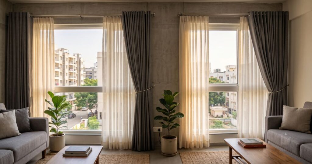 Curtains for Apartments in Bangalore: Space-Saving Designs, Custom Solutions & Installation Guide Layered sheer and blackout curtains in a Bangalore apartment