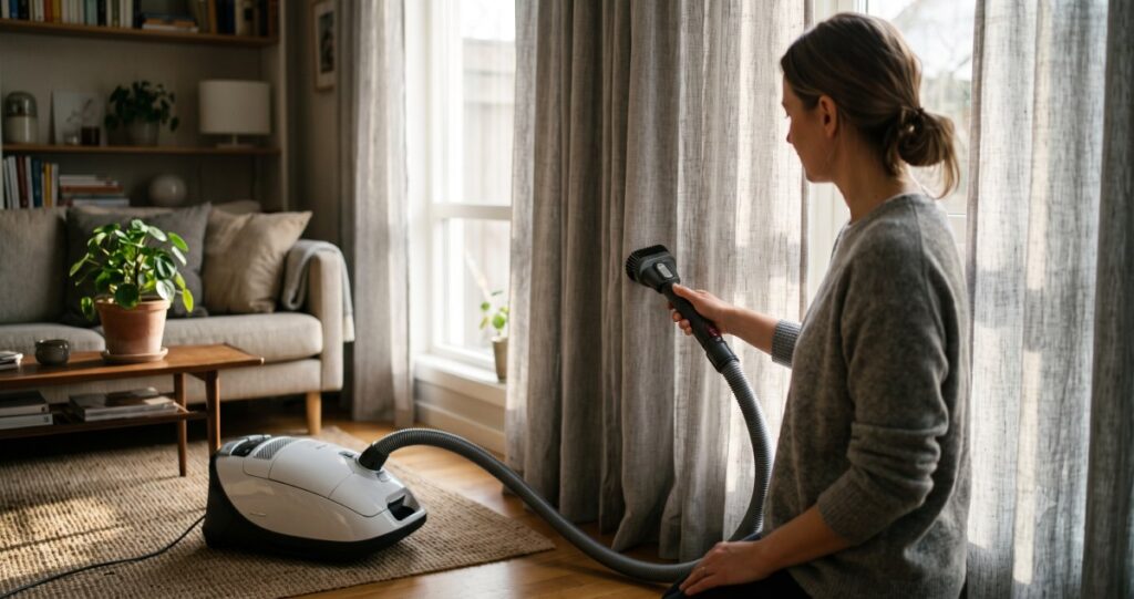 Curtain Maintenance & Cleaning Guide: How to Keep Your Curtains Looking New Vacuuming curtains using a soft brush attachment