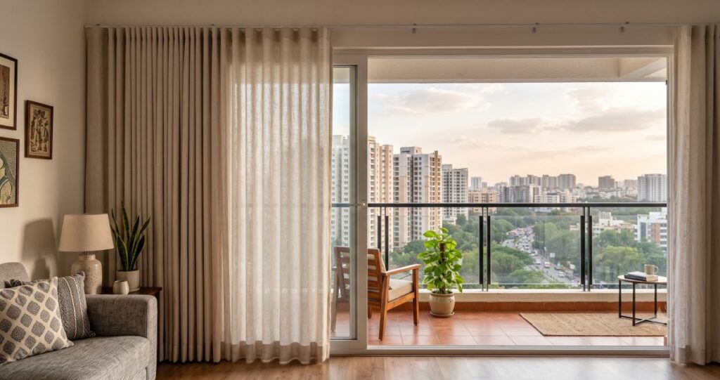 Curtains for Apartments in Bangalore: Space-Saving Designs, Custom Solutions & Installation Guide Wave curtains installed on a sliding balcony door in a modern apartment