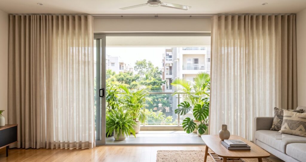 Sliding Door Curtains in Bangalore: Best Designs, Fabrics & Installation Guide Wave curtains installed on modern sliding glass doors